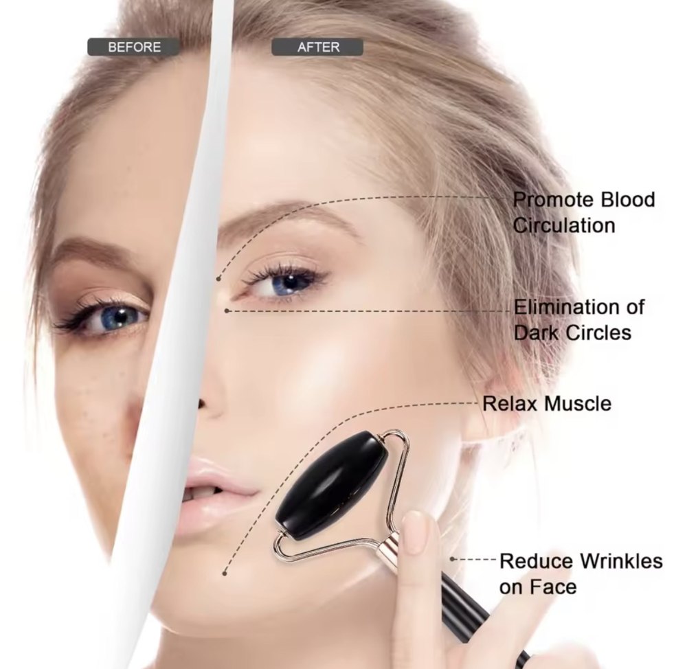 Woman using the roller on her cheek, with feature labels